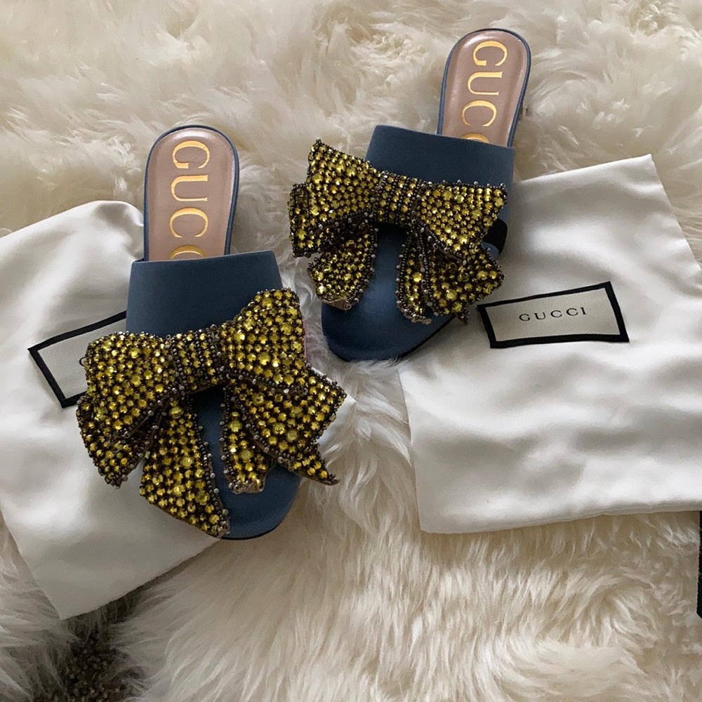 GUCCI Satin Mules with Bows Raso Seta Carta Zucche